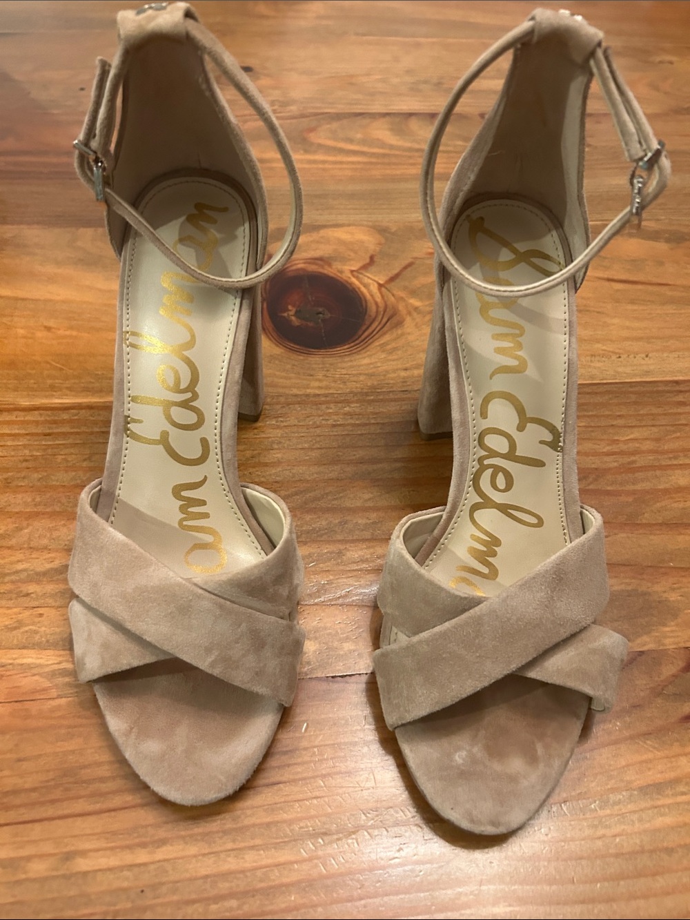 Sam Edelman Taupe Suede Crisscross Ankle-Strap Block Heels